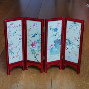 Chinese Silk Art Folding Table Screen with Bird And Blossom